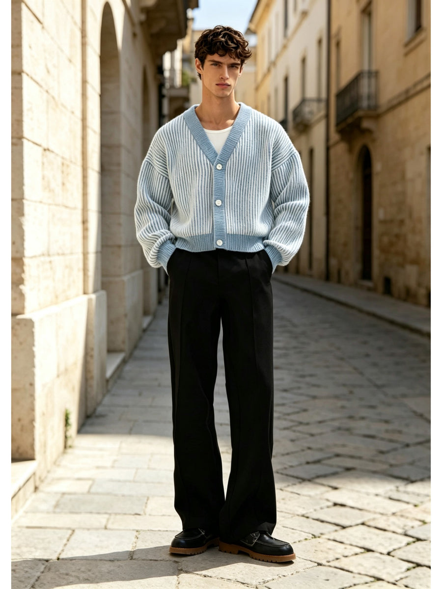 Men's Blue and White Vertical Stripe V-Neck Knit Cardigan, Loose Drop-Shoulder Button-Up Cropped Knit Outerwear, Autumn/Winter Warm Casual Jacket, Street Style, Daily Commute, Dating, Travel, Layering Fashion Knitwear - Light Blue