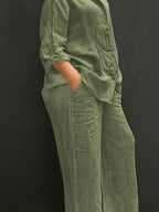 Elegant Women's Casual Cardigan Solid Color Shirt and Pants Set - Olive Green