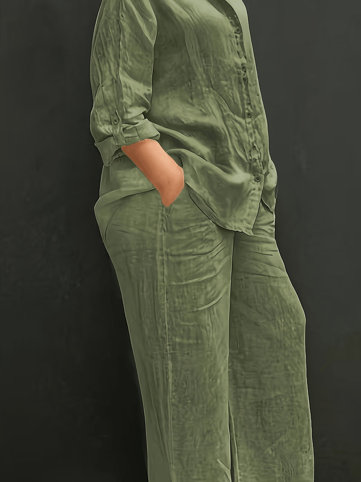 Elegant Women's Casual Cardigan Solid Color Shirt and Pants Set - Olive Green