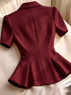 Elegant Women'S Solid Color Short Sleeve Lapel Blazer, Metal Button Detail Blazer, Suitable for Commuting, Vacation, Business, And Casual Wear - Burgundy