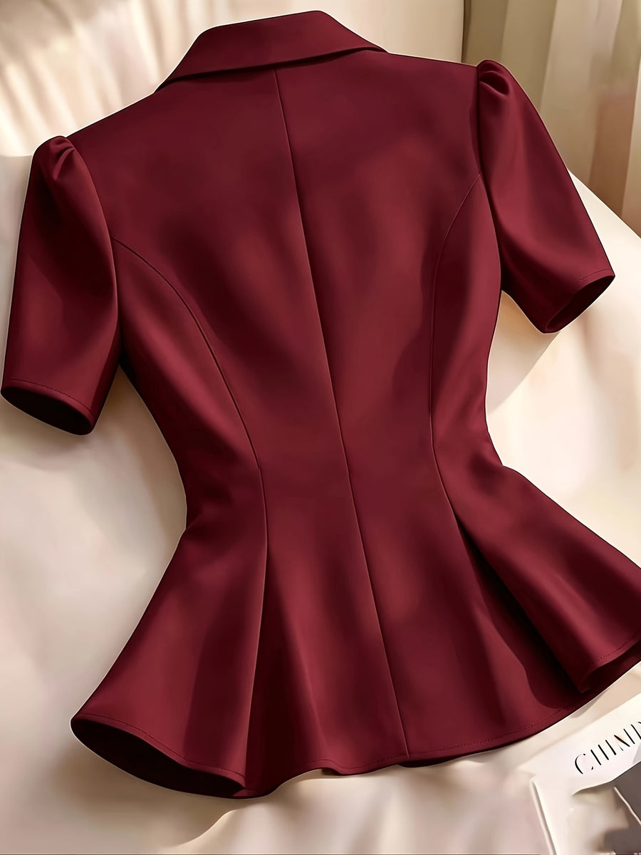 Elegant Women'S Solid Color Short Sleeve Lapel Blazer, Metal Button Detail Blazer, Suitable for Commuting, Vacation, Business, And Casual Wear - Burgundy