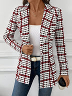 Women's Elegant Plaid Blazer, Versatile Daily Long-Sleeve Blazer, Classic Commuter Checkered Jacket, Autumn Women's Blazer, Women's Suit Jacket, Plaid Blazer, Houndstooth Blazer, Office Blazer, Plaid Autumn Women's Outerwear, Business Casual Wear - Multicolor