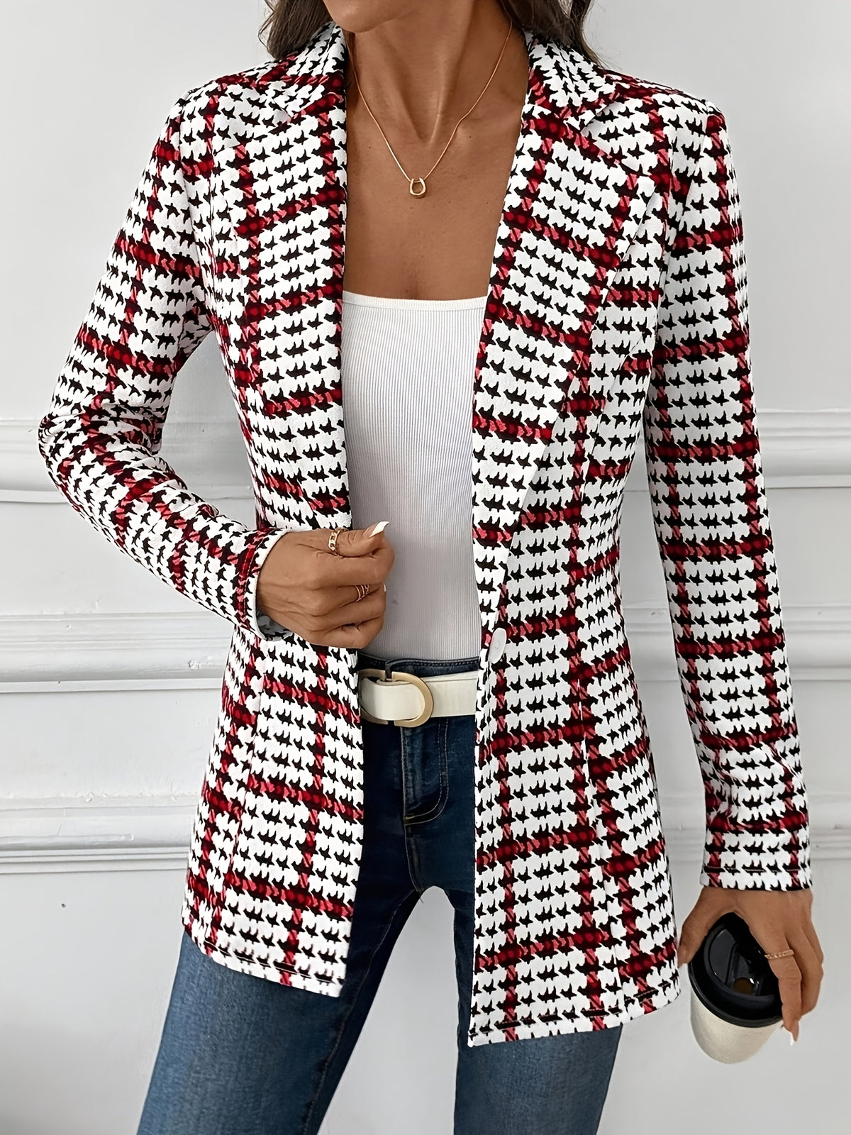 Women's Elegant Plaid Blazer, Versatile Daily Long-Sleeve Blazer, Classic Commuter Checkered Jacket, Autumn Women's Blazer, Women's Suit Jacket, Plaid Blazer, Houndstooth Blazer, Office Blazer, Plaid Autumn Women's Outerwear, Business Casual Wear - Multicolor