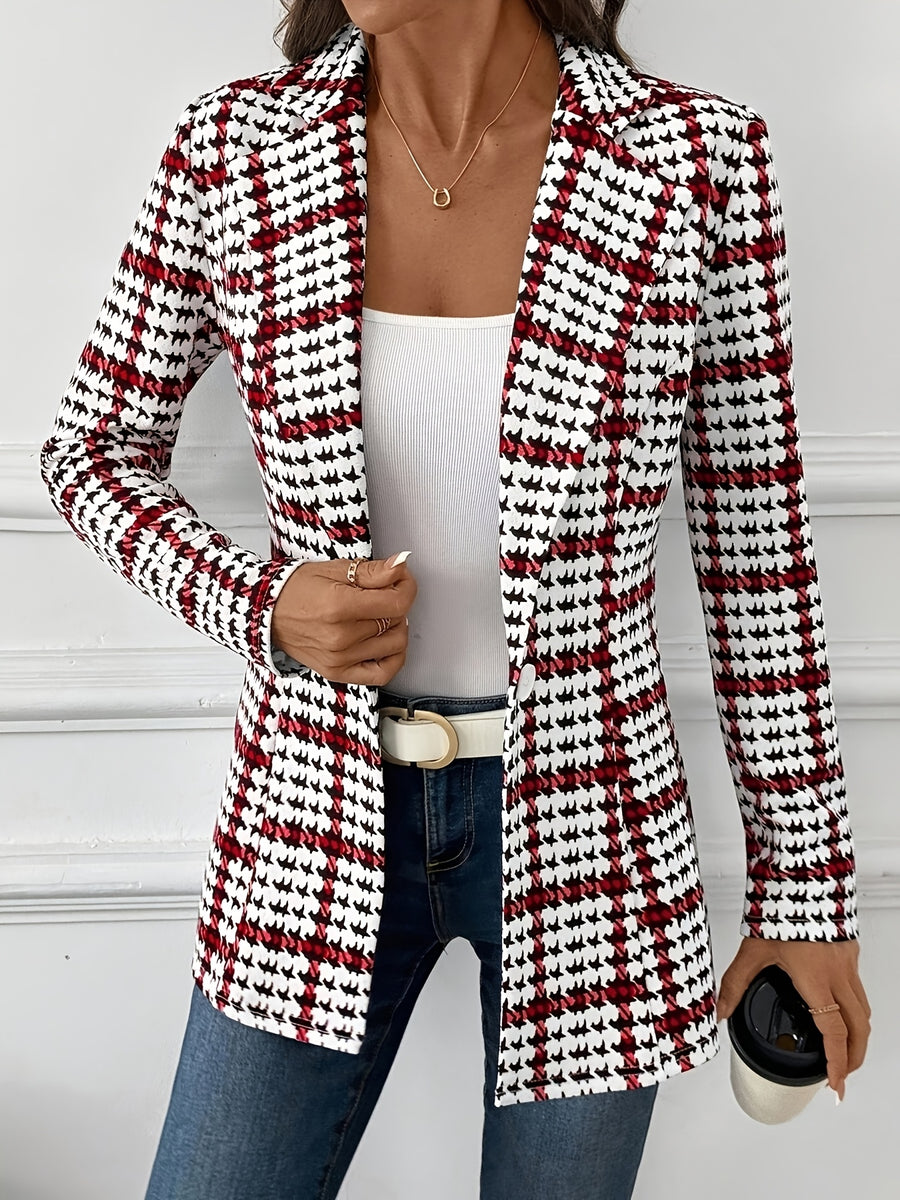 Women's Elegant Plaid Blazer, Versatile Daily Long-Sleeve Blazer, Classic Commuter Checkered Jacket, Autumn Women's Blazer, Women's Suit Jacket, Plaid Blazer, Houndstooth Blazer, Office Blazer, Plaid Autumn Women's Outerwear, Business Casual Wear - Multicolor
