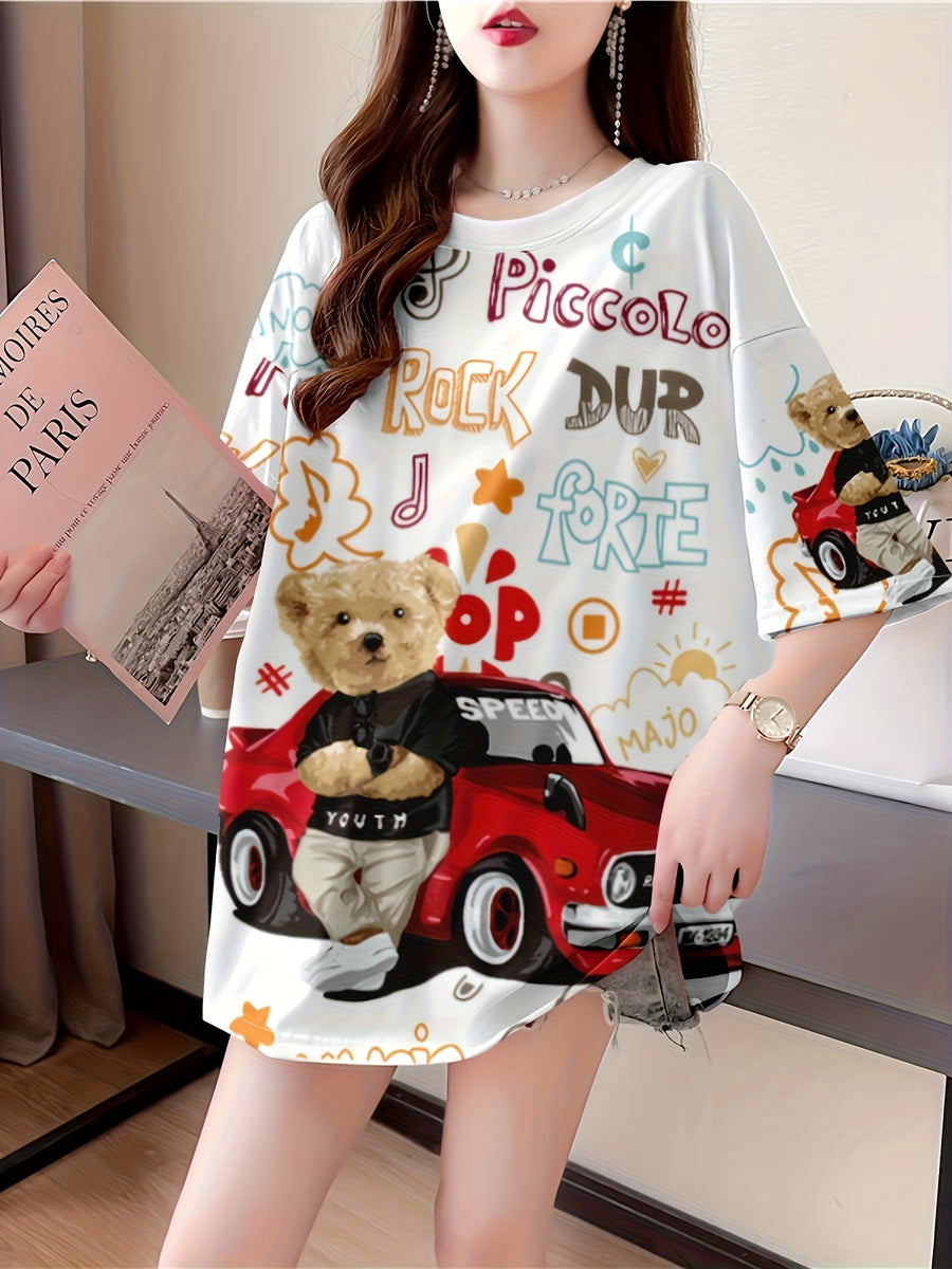 Summer New Large Size Loose Fashion Trend Slim Cartoon Round Neck Print Ladies Women's Medium and Long Short-sleeved T-shirt Clothes - White