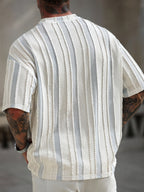 Men'S American Trendy Vertical Stripe Short Sleeve T-Shirt, Hollow Breathable Loose Drop Shoulder Round Neck Top, Summer Street Casual Wear - Blue