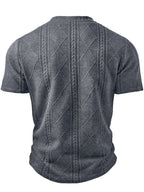 Men's Fashion Top, Spring/Summer Outdoor Casual Textured Jacquard Fabric, Round Neck Single-Breasted Button Henley Shirt with Patch Pocket and Short Sleeves - Dark Gray