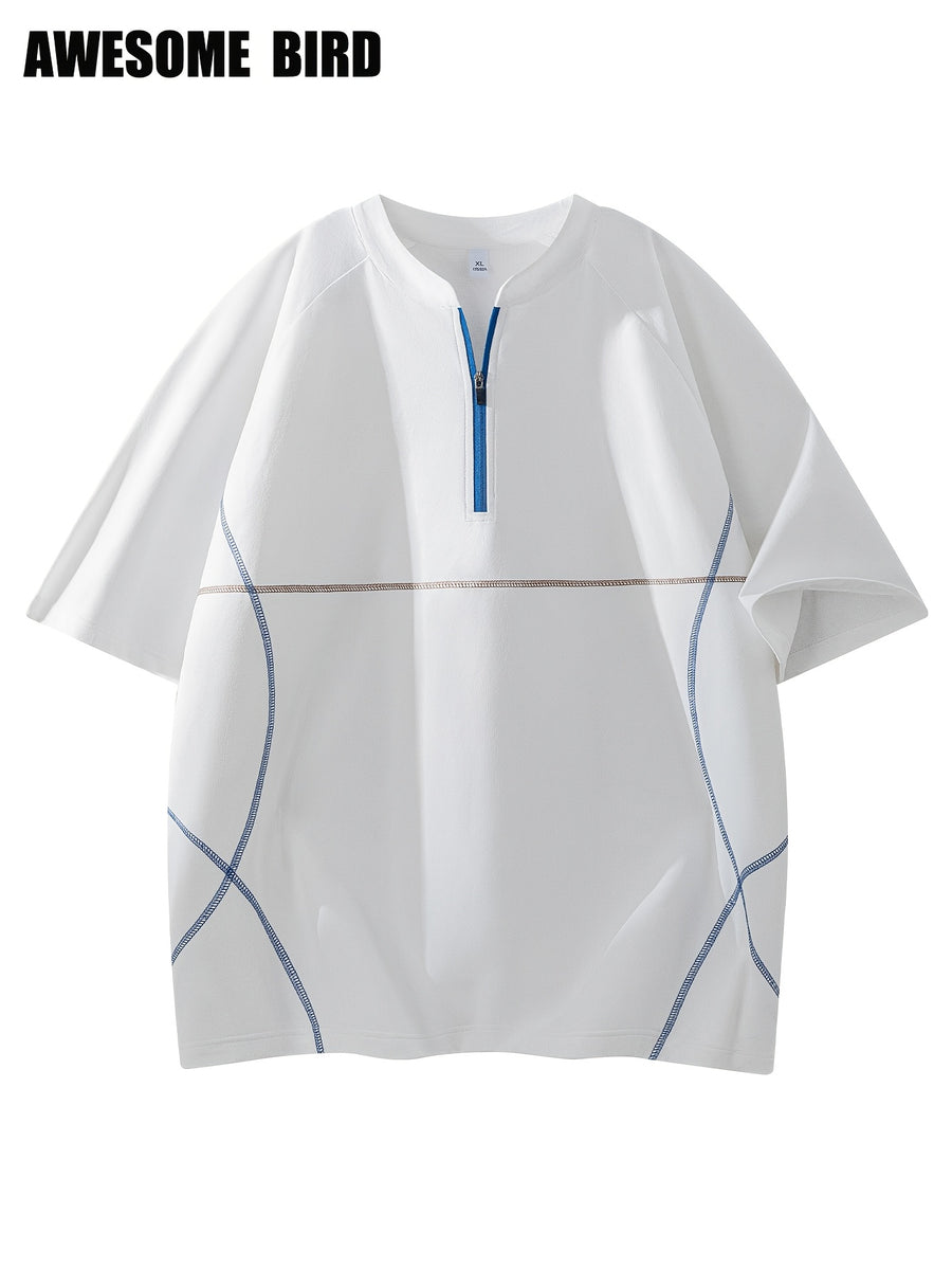American Summer Couple Lightweight Quick-Drying Color-Blocking Half-Zip Raglan Sleeve Sports Short-Sleeved T-Shirt Men'S Training - White