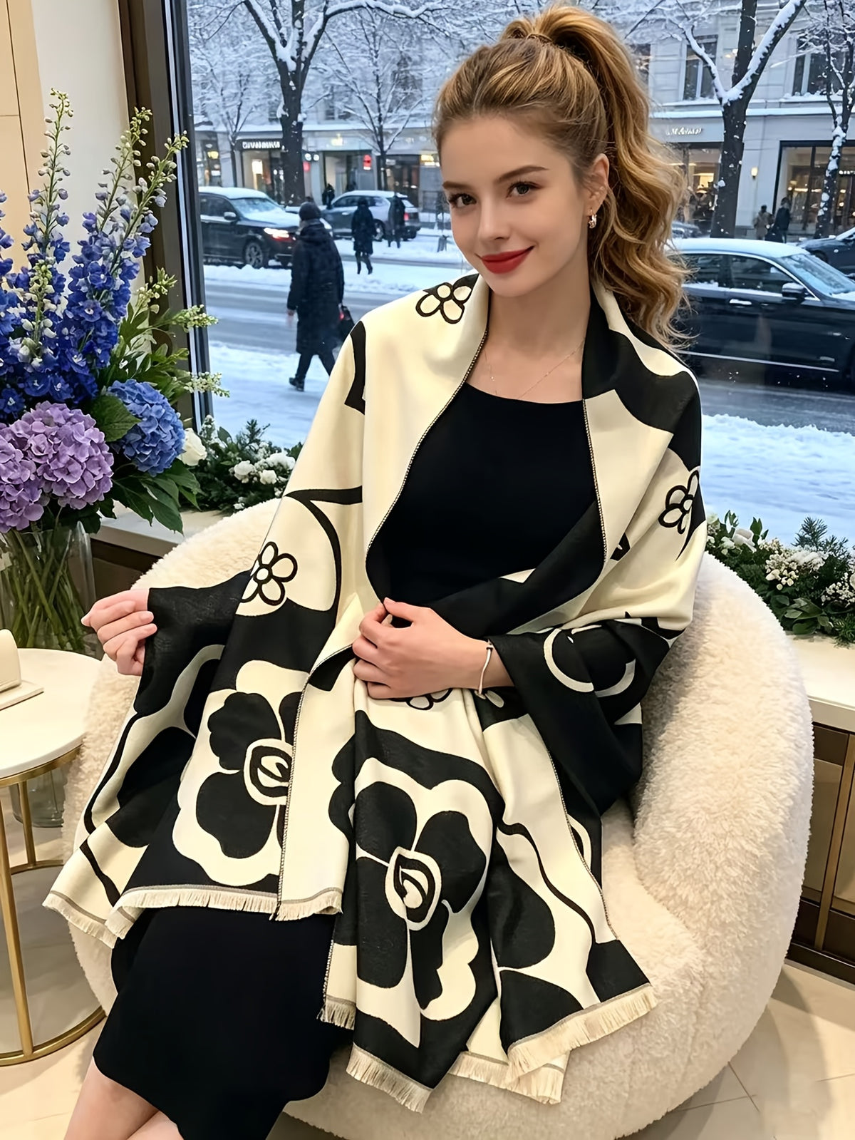 Women's Outerwear - Elegant Camellia Jacquard Shawl Coat for Women, Thickened Warm Large Scarf for Autumn/Winter, Vintage-Style Outerwear - Suitable for Travel, Vacation, Photography, Casual Wear, Office Layering, High-End Women's Autumn/Winter - Black