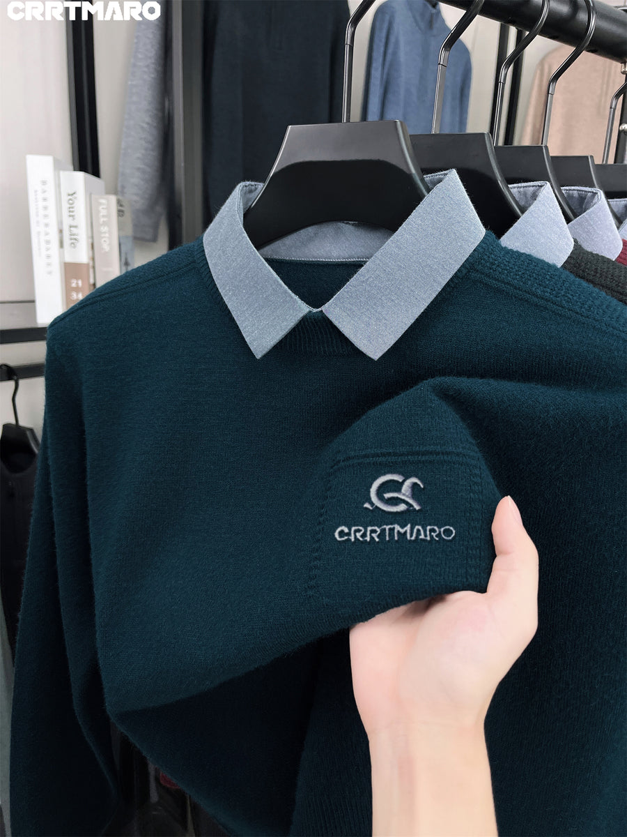 Katemar CRRTMARO Autumn/Winter Knitted Three-Dimensional Solid Color Lapel Sweater Basic Pullover Knitwear Men's Fashion Knitwear Short Sleeve JAE - Dark Green