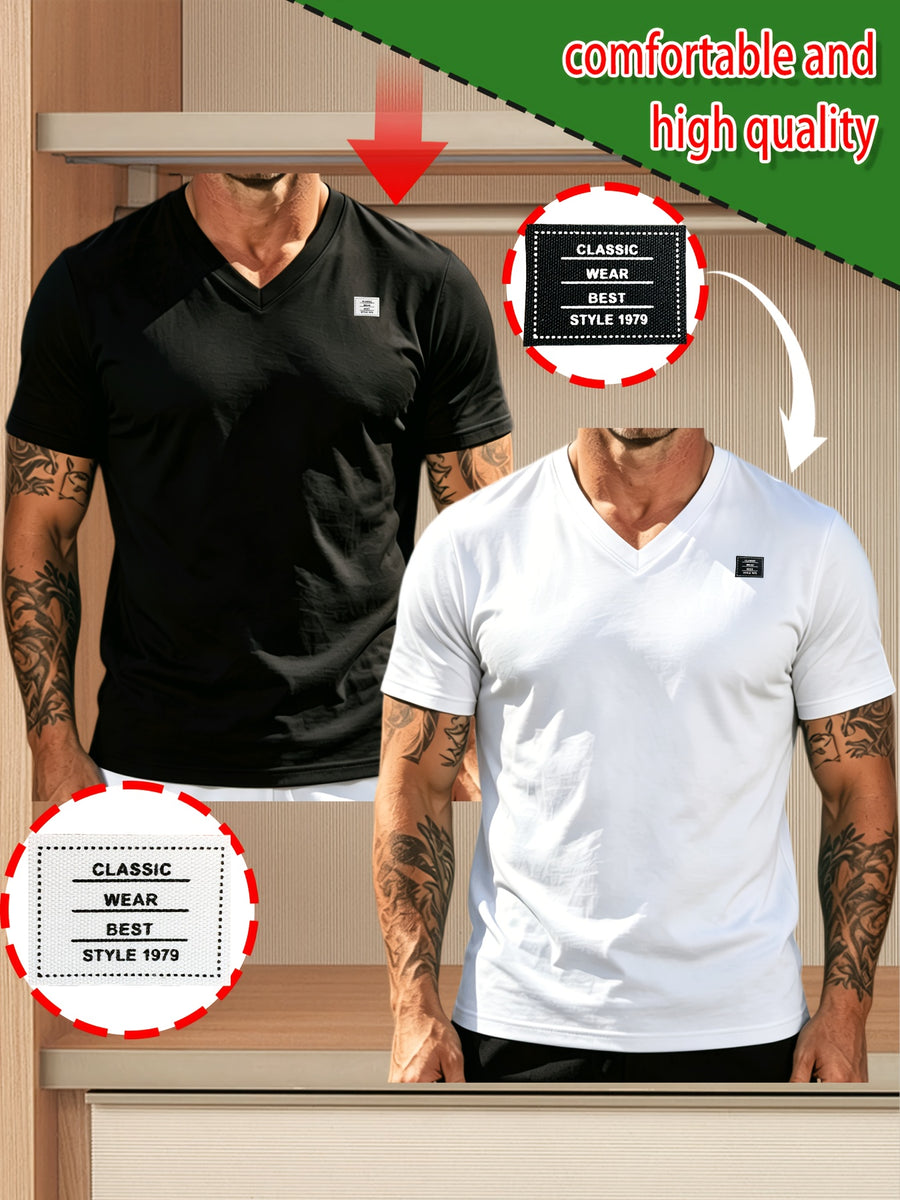 2pcs 100%, Men'S Knitted Solid V-Neck T-Shirt, Men'S T-Shirt New Chapter Design, Summer Global All-Season Base Layer Factory Made Men Comfortable High Quality High Fit Rate Casual Sports Top - Black+White 2