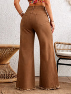 100284# Women'S Slim Fit Stretch Wide Leg Jeans, High Waist Washed Blue Frayed Hem, Fashionable Statement Pockets Casual Wide Leg Trousers - Dark Brown