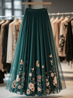 New Women'S Slim Lace Mesh Skirt with Butterfly Floral Print, Suitable for Banquets, Dates, And Everyday Wear - Green