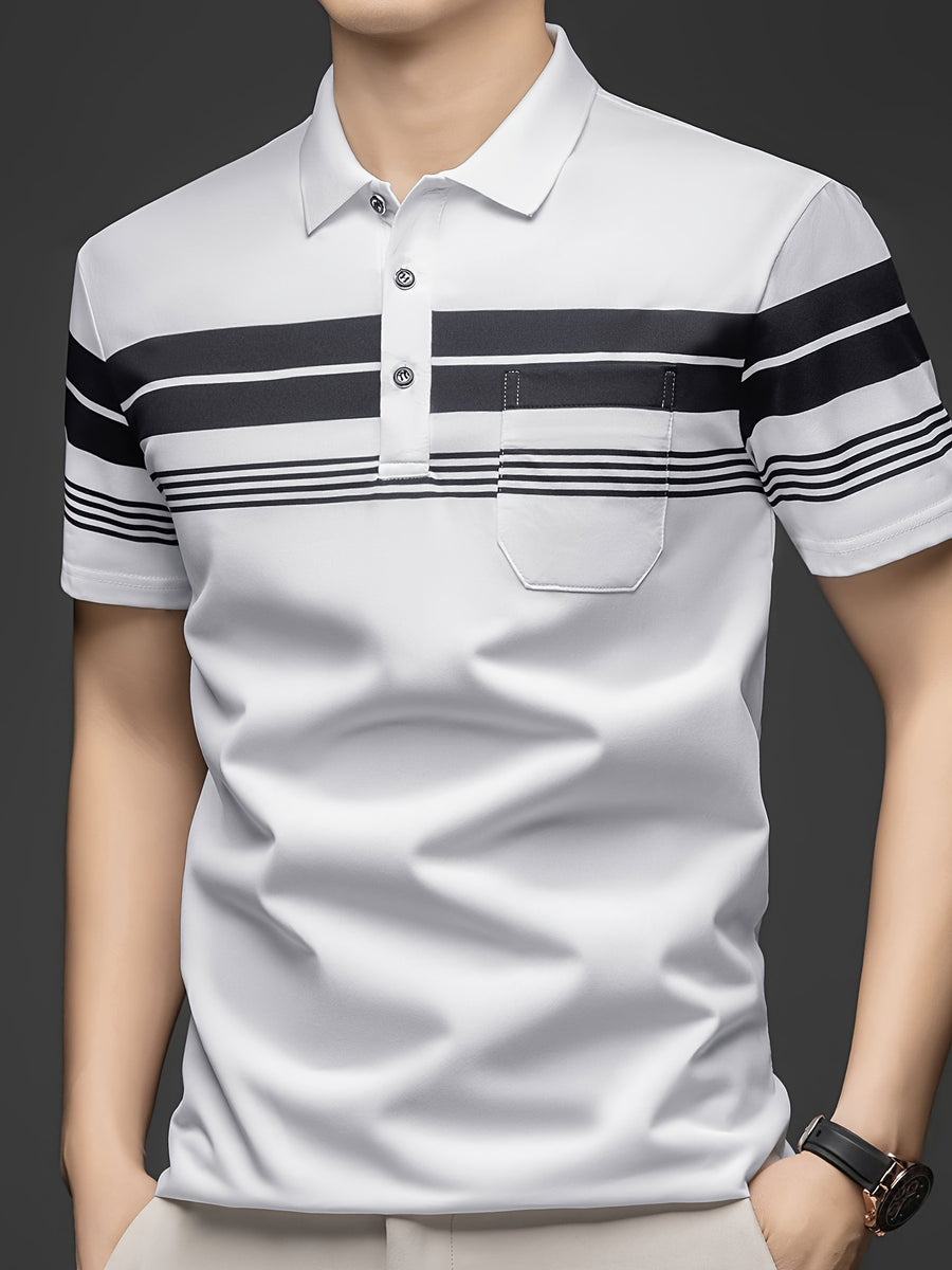 New Summer Men's Short-Sleeve T-Shirt, Wrinkle-Free Striped Loose-Fit Polo Shirt, Stylish and Versatile Casual Dad Fit Thin Shirt 26659 - White