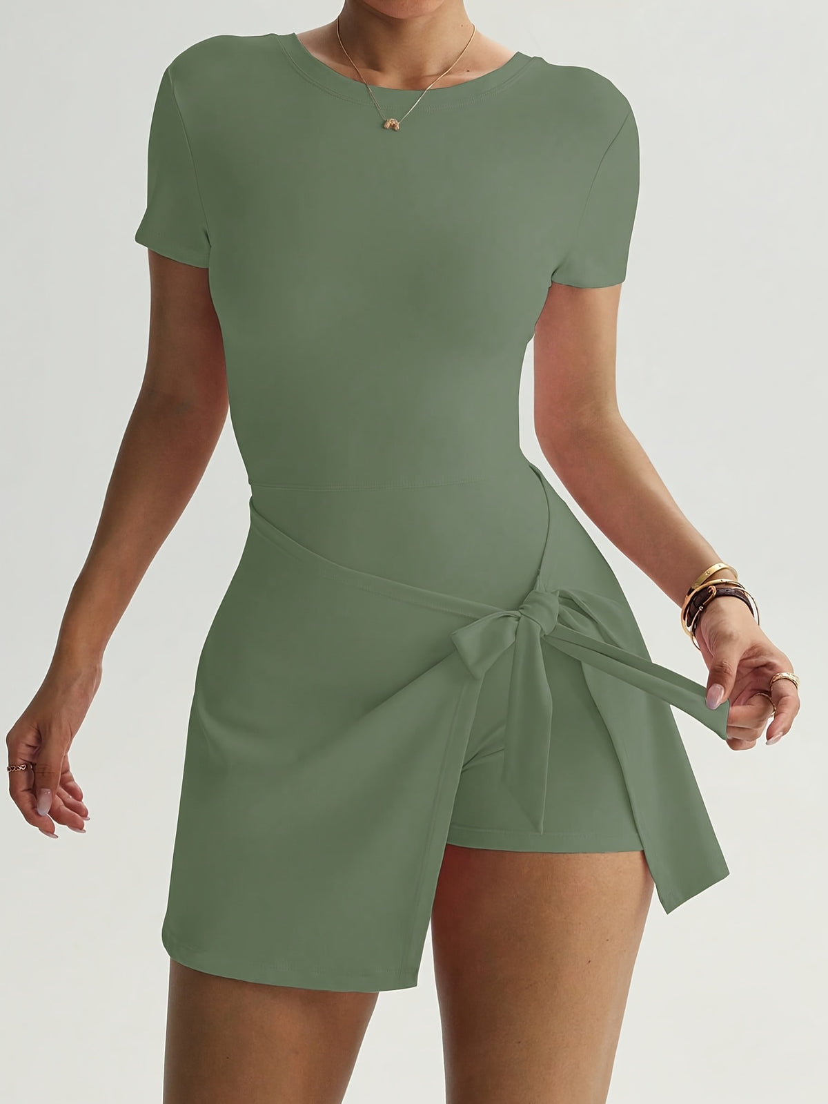 Women's Fashion Outdoor Yoga Running Pilates Commuting Dating Beach Daily Essential Stretchy Sexy Comfortable Casual Short-Sleeve Backless Navel-Control Butt-Lifting Shaping Skin-Beautifying Waist-Defining Youthful Vitality Fitness Dress - Olive Green