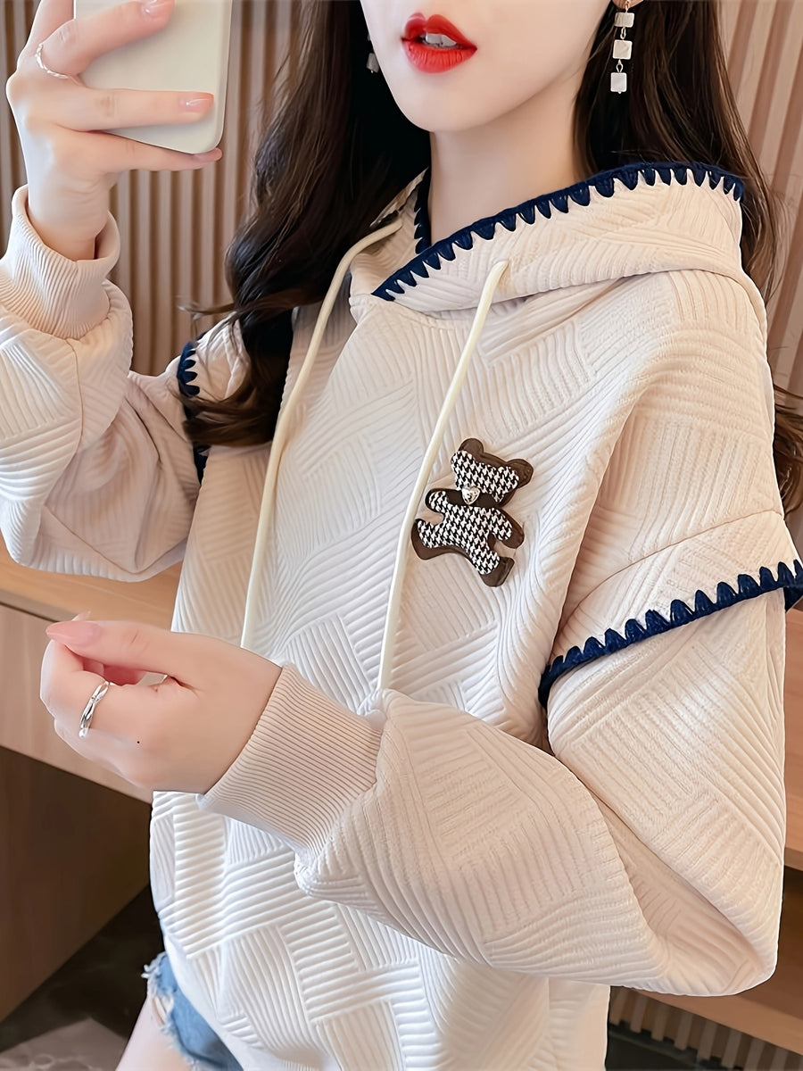 New Style Hooded Color-Blocked Lace 3D Patch Cartoon Waffle Sweatshirt for Women D1222A - Apricot