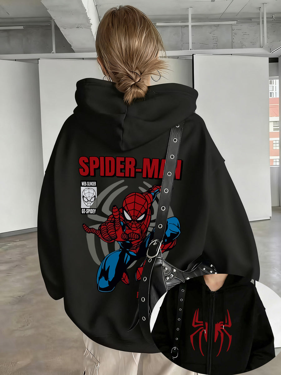 Licensed by Wb-Women'S Hoodie with Spidey Print-Spring And Autumn Casual Zip Hoodie, Fashion Sweatshirt, Spring And Autumn Vibrant Hoodie Zip Hoodie, Women'S - Black