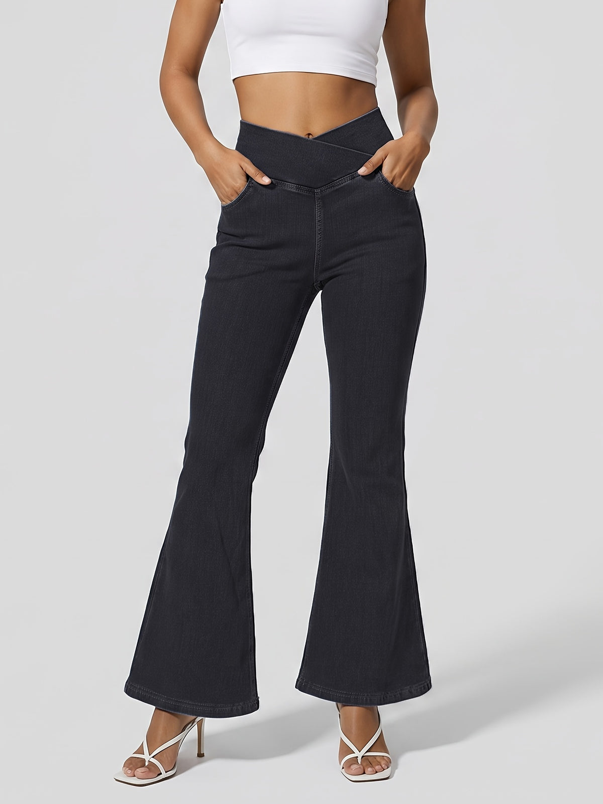 GILIPUR Women'S Solid Denim Cross V Low Waist Lifting Flare Jeans, Soft Stretchy Bootcut Long Denim Pants with Front Pockets, Y2K Streetwear Daily Date Night - Black
