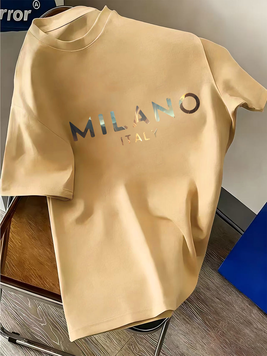 Italian Luxury Style! MILANO Gradient Letter Print Heavyweight Men's Short Sleeve T-Shirt, Trendy Loose Half Sleeve - Khaki