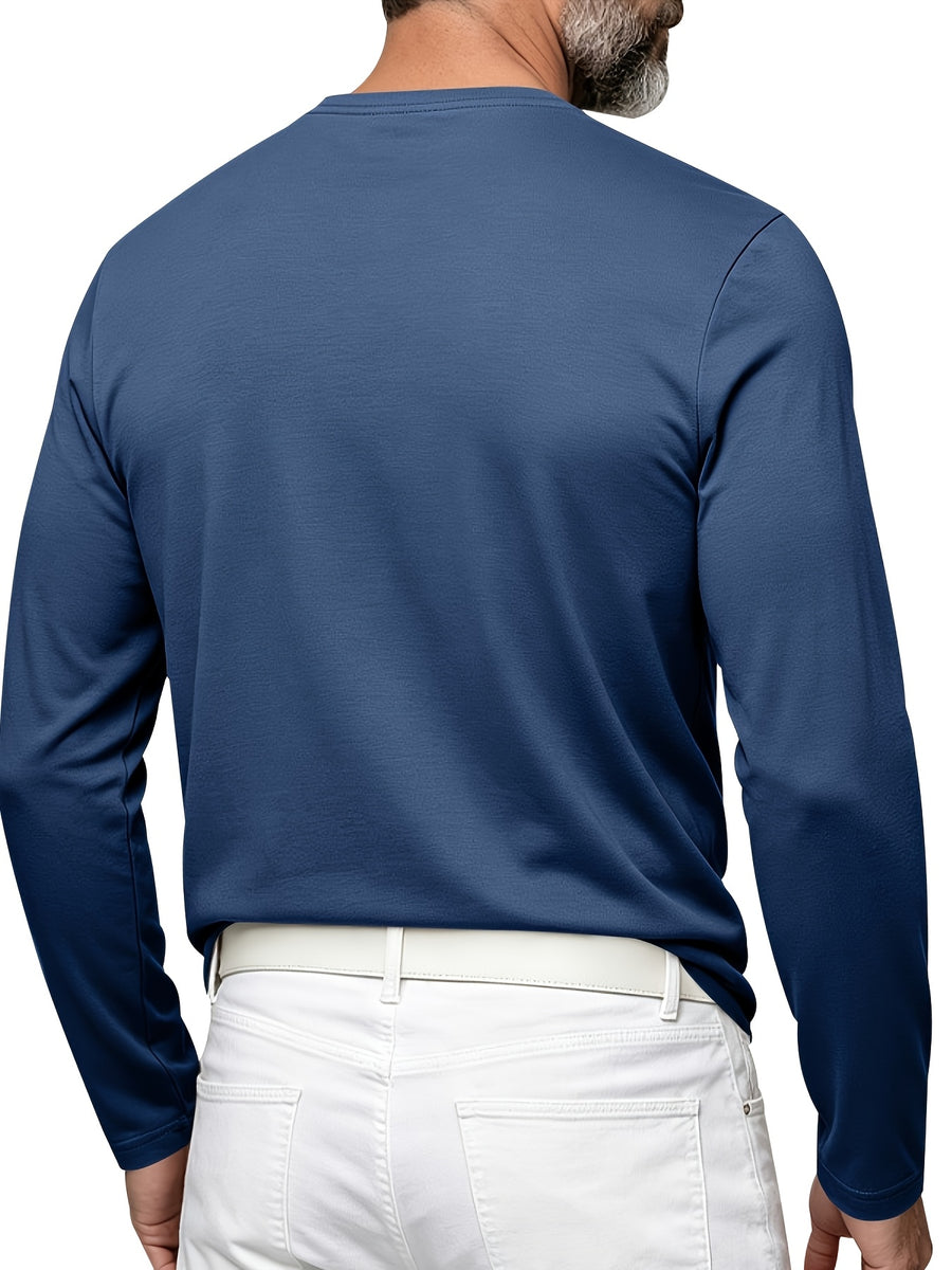Men's Henley Neck Long Sleeve T-Shirt, Spring/Autumn Three-Button Casual Base Layer, Slim Fit Versatile Top with Left Chest Pocket - Navy Color