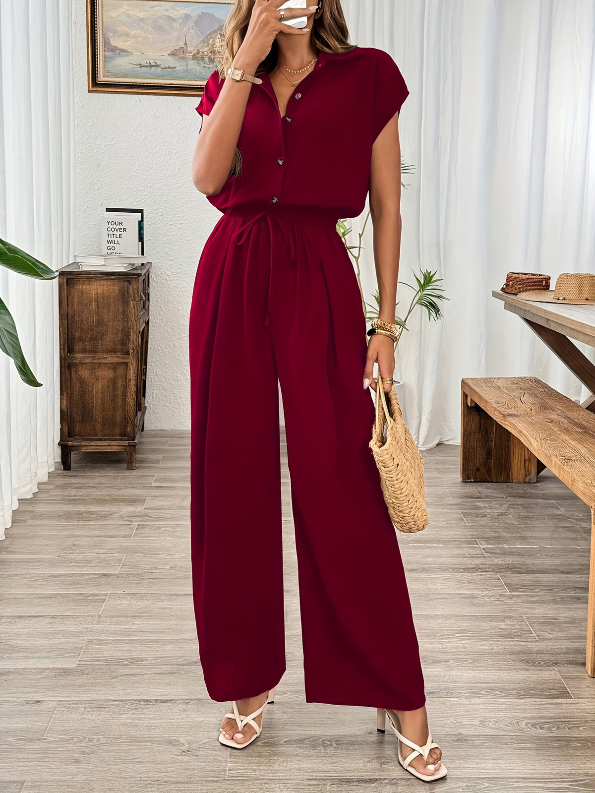Women'S Spring Summer Fall Solid Basic Wide-Leg Jumpsuit - Burgundy