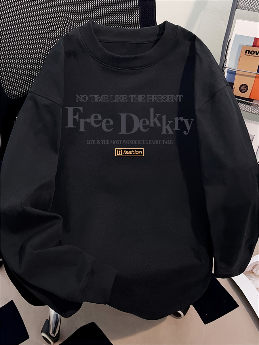 Spring and Autumn New Trendy Printed Long-Sleeve T-Shirt for Men, Heavy-Weight Cotton Casual Loose Breathable Outdoor Sports Top - Black
