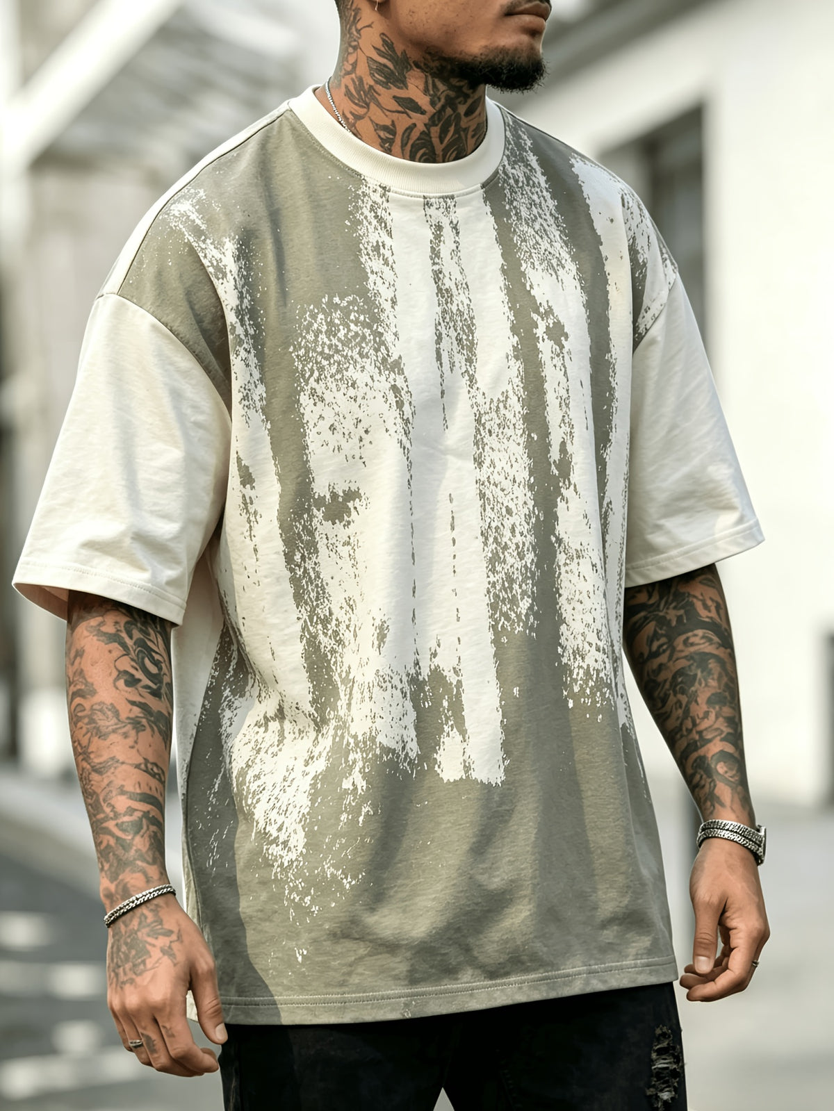 Men'S Oversized Drop Shoulder Crew Neck Short Sleeve T-Shirt, Vintage Faded Vertical Splash Print Elastic Loose Fit Hip Hop Streetwear Basic Tee, Breathable Relaxed Cut Summer Daily Outdoor Workout Casual Top for Men - Apricot