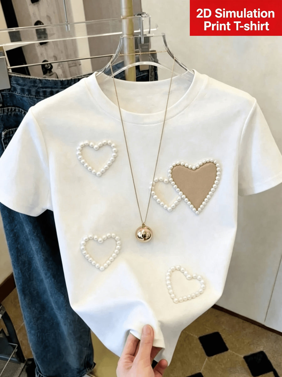[Printed Design - Not Textured] Women'S White Trendy Coquette Heart Print T-Shirt, Elegant Graphic Design, Soft Casual Daily Top - White 6