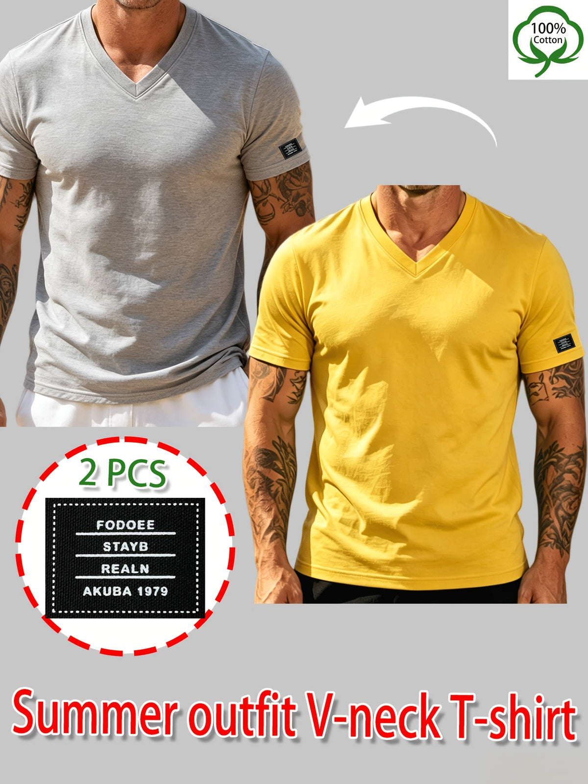 100% Cotton 2pcs Men's Basic V-Neck Pure Cotton Solid Color Short Sleeve T-Shirt, Soft and Skin-Friendly, Versatile Top for Fitness, Casual, and Daily Wear - Light Grey+Yellow
