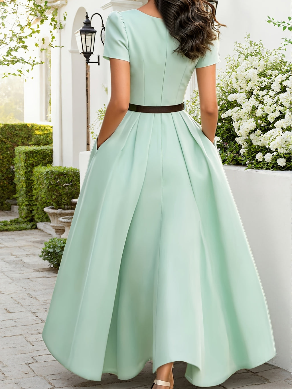 Solid Square Neck Short Sleeve Dress Women'S 2026 Summer New High-Waist Cinched Waist Flared Maxi Dress with Belt - Viridity
