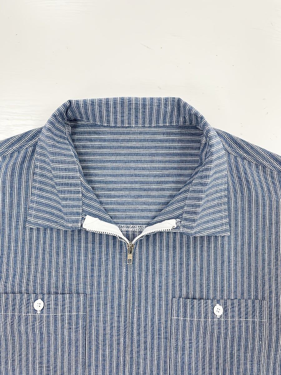 Popular Men's Vertical Stripe Zip-up Long-sleeve Shirt Jacket, Made of Refreshing and Breathable Fabric with a Practical and Stylish Dual-pocket Design. The Zipper Closure Makes It Easy to Put on and Take Off, While the Loose Fit Is Flattering on All - Blue