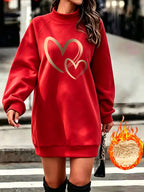 Golden Double Heart Easy Print Mid-High Neck Long Sweatshirt Women'S Autumn Winter Fleece Thick Loose Sweat Dress - Red