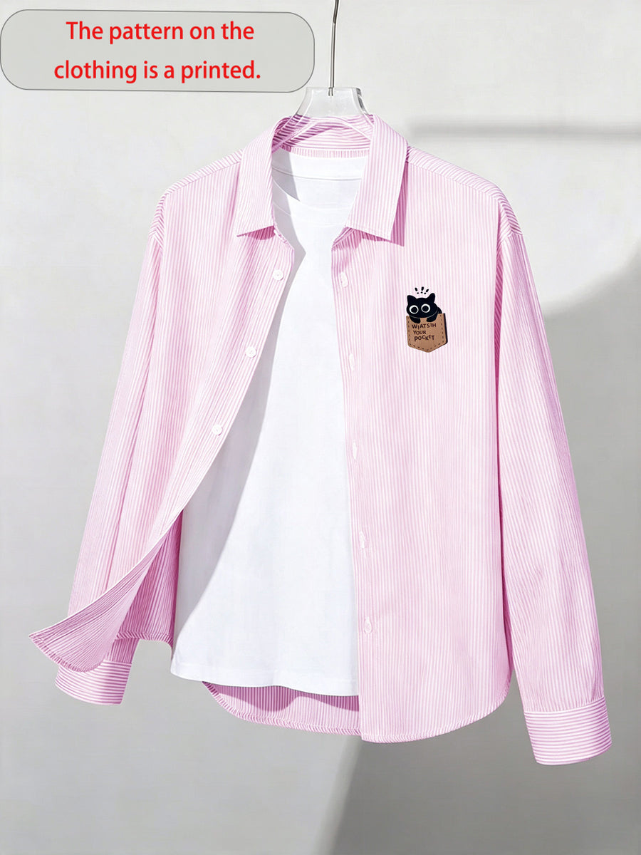 Fun and Fashionable Trendy Men's Spring/autumn New Cartoon Healing Print Long-sleeve Slim-stripe Casual Outerwear Shirt - Pink