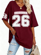 Women'S Fashion V-Neck Tee Featuring Relaxed Drop Shoulders - Burgundy