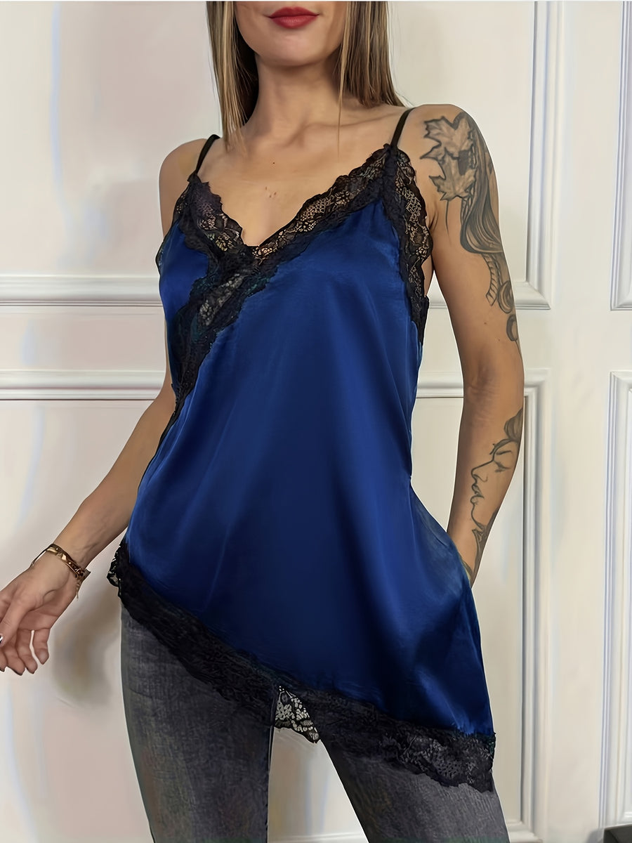 Women'S Satin Asymmetrical Cami Top, Adjustable Straps. Lace Detail on Hem, Underbust, And Neckline, Side Slit, V-Neck Design - Blue