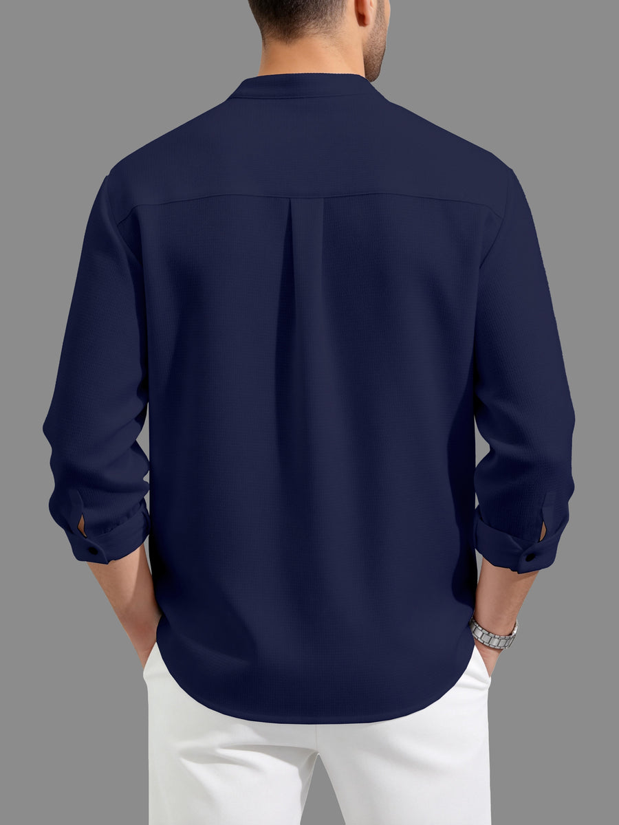Men'S Casual Solid Color Daily Shirt - Retro Loose Long Design with Chest Pocket, Hand Wash Or Dry Clean - Refined Men'S Layering Piece - Comfortable Fit, Durable And Fashionable, Suitable for Casual Or Formal Occasions in Any Season - Blue