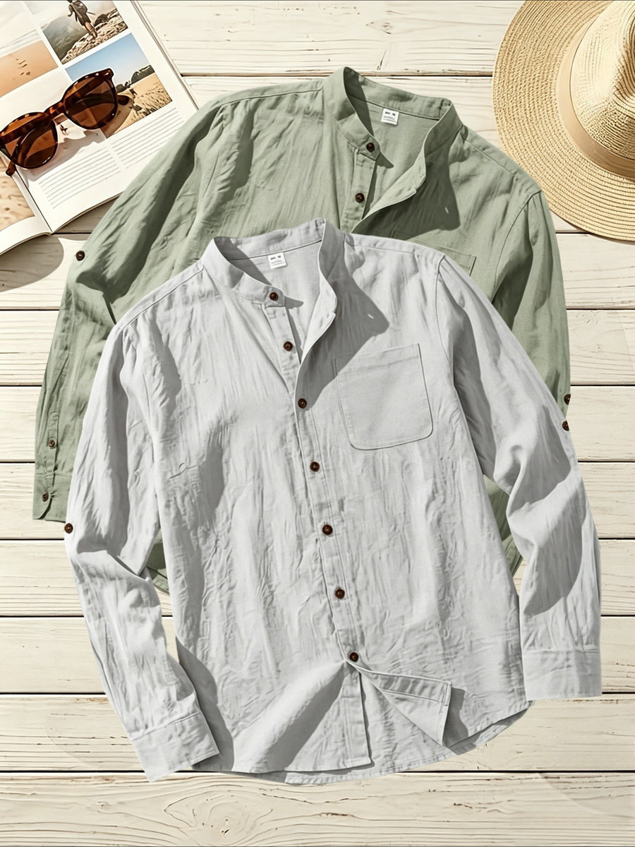 2pcs Men's Linen Fabric Henley Collar Long Sleeve Shirt, Simple Vintage Style, Loose Fit for Spring and Autumn, Multiple Color Options, Suitable for Outdoor Outings, Urban Commuting, and Home Wear, Versatile for Daily Casual and Holiday Occasions - Gray+Green