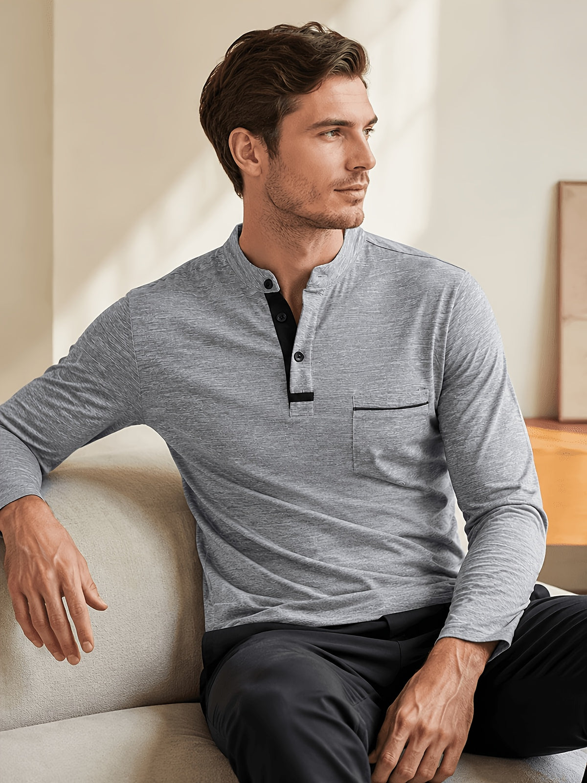 2pcs Men's Stand Collar Long Sleeve Henley Shirt, Casual Half-Button T-Shirt with Pockets, Lightweight and Breathable Stand Collar Pullover Top, Suitable for Daily, Office, and Outdoor Scenes - Light Gray + Army Green