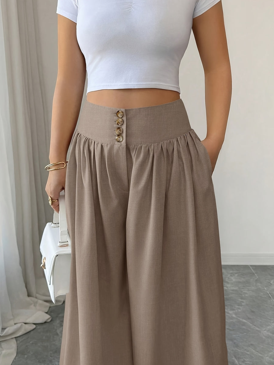 Women's Spring/Summer Waist-Cinching Long Wide-Leg Pants with Pockets, Size 25 - Camel