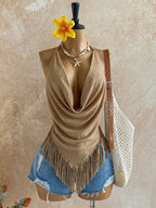 Cross-border Fashion Women's Summer Vacation Casual New Texture Sleeveless Top with Patchwork Fringe Trim and Swing Neckline, Bohemian Beach Style - Khaki