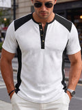 Men's Fashion Top, Spring/Summer Outdoor Casual Textured Jacquard Fabric, Color-Block Patchwork Single-Breasted Short-Sleeve Men's Henley Shirt - White