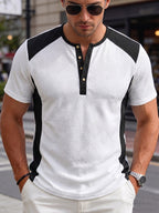 Men's Fashion Top, Spring/Summer Outdoor Casual Textured Jacquard Fabric, Color-Block Patchwork Single-Breasted Short-Sleeve Men's Henley Shirt - White