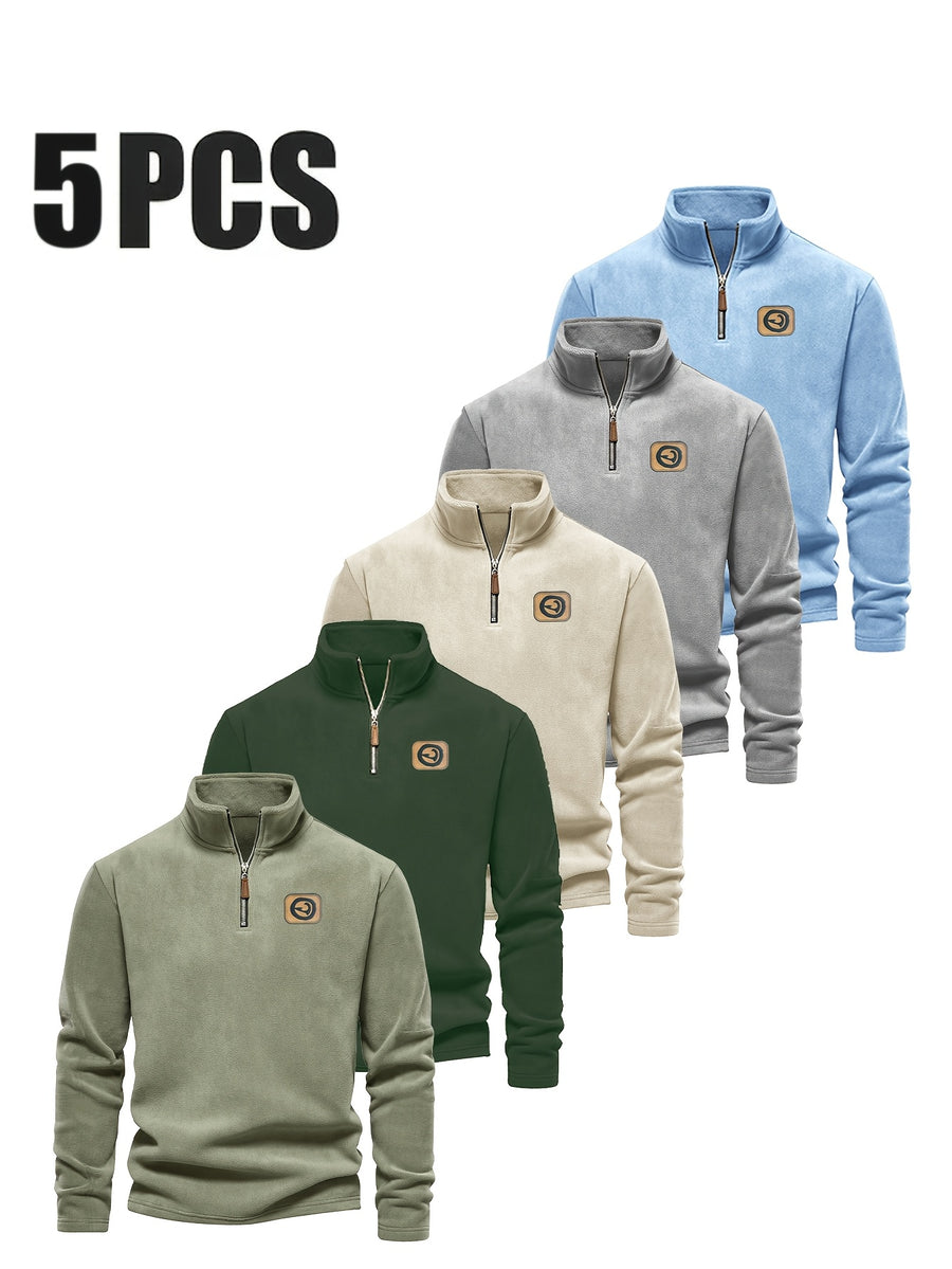 Men's Half-Zip Pullover Top, 5pcs, Soft and Skin-Friendly, Versatile for Daily Casual and Sportswear - Mint Green + Dark Green + Sky Blue + Apricot + Gray