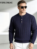 FORLENGKE Men'S Vintage Cable Knit Henley Sweater, Soft Warm Half-Button Pullover for Autumn Winter Daily Business Wear - Navy Color
