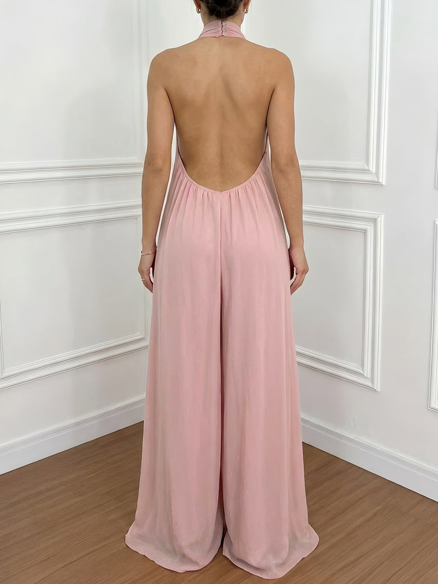 Women'S Casual Vacation Chiffon Halter Neck Backless Wide-Leg Jumpsuit - Pale Pinkish Gray