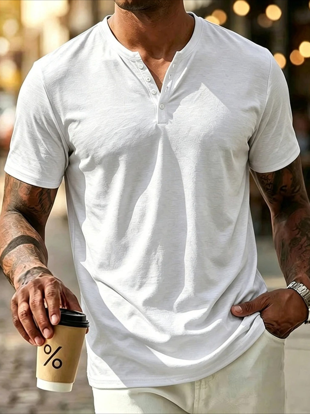 Men'S Summer Fashion T-Shirt Solid Casual Men'S Beach Vacation T-Shirt - White