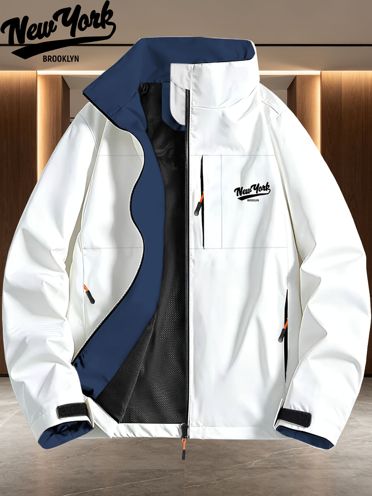 New York Brooklyn Handwritten Letter Print Navy Blue Lined Stand Collar Windproof Jacket for Men and Women, Spring/Autumn White Multi-Pocket Outdoor Windbreaker - White
