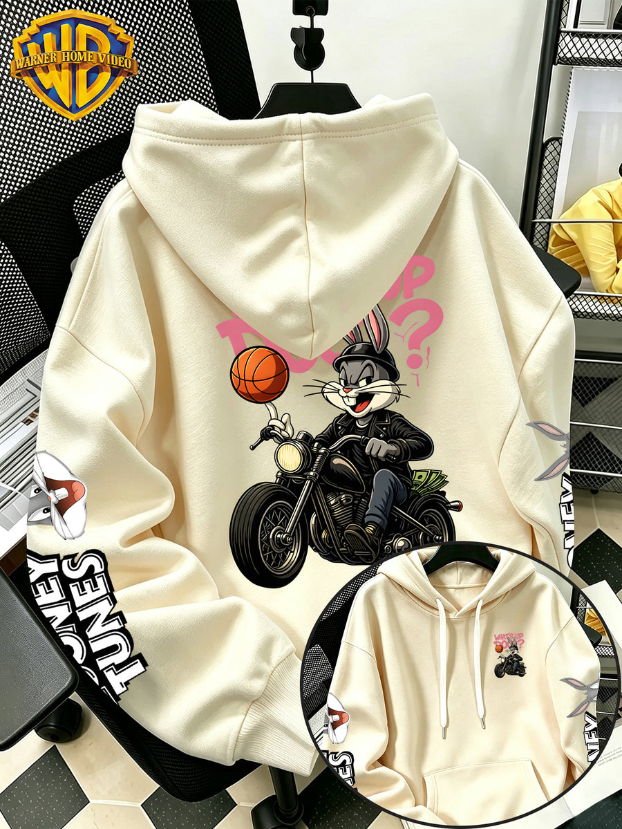 [Warner Bros] Licensed Men'S New Trendy Hoodie, Biker Motorcycle Basketball Street Cartoon Print Casual Pullover Sweatshirt, Everyday Drawstring Loose Top, Machine Washable All-Match Sports Casual Men'S Top - Apricot