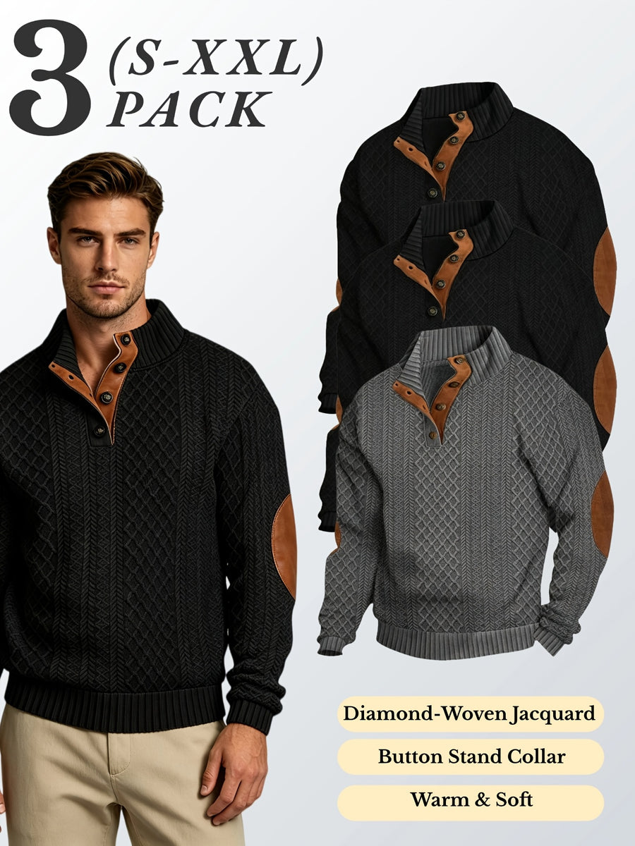 3pcs Men'S Textured Jacquard Knit Sweater Retro Casual Button-Up Stand Collar Long Sleeve Top for Autumn Winter Outing Home Versatile Basic Solid Color - Black 2 + Dark Gray