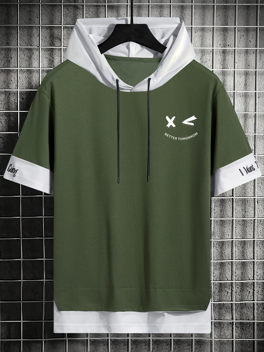 Color-Block Hooded Men'S Casual Letter Print Faux Two-Piece Short Sleeve T-Shirt - fern green
